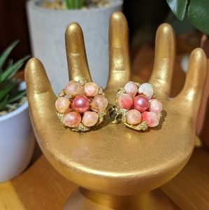 Vintage Coro Pink Plastic Cluster Beaded Clip-on Earrings